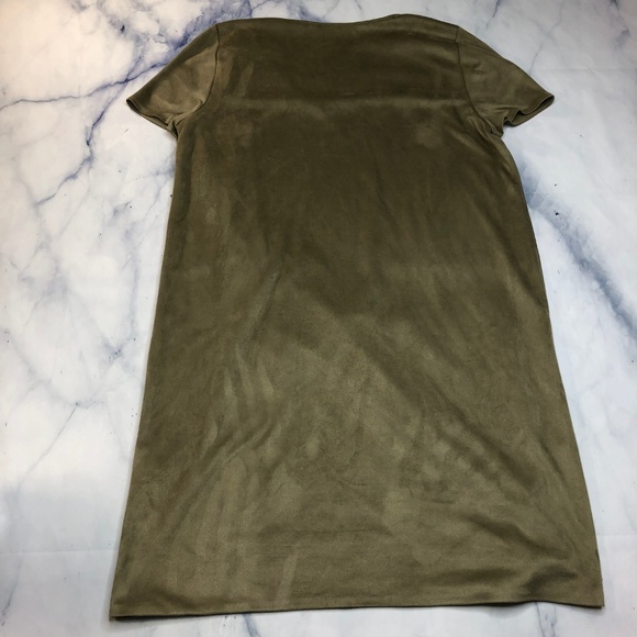 Zara Draped Front Olive Green Faux Suede Dress - Picture 7 of 7